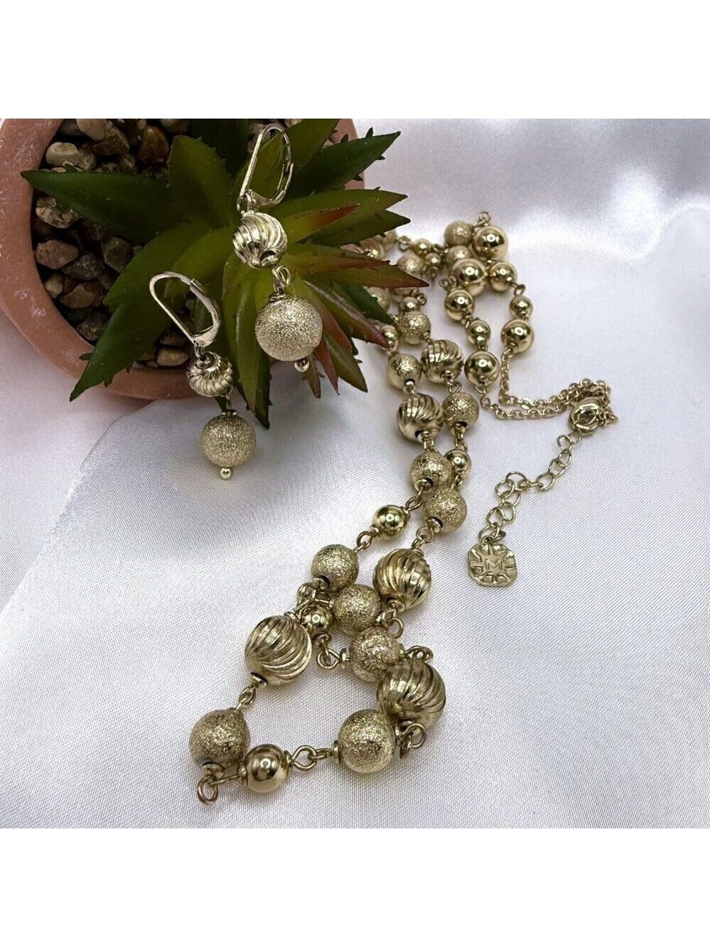 Monet Vintage Gold Tone Spiral Ball 28 Inch Necklace Earrings Set